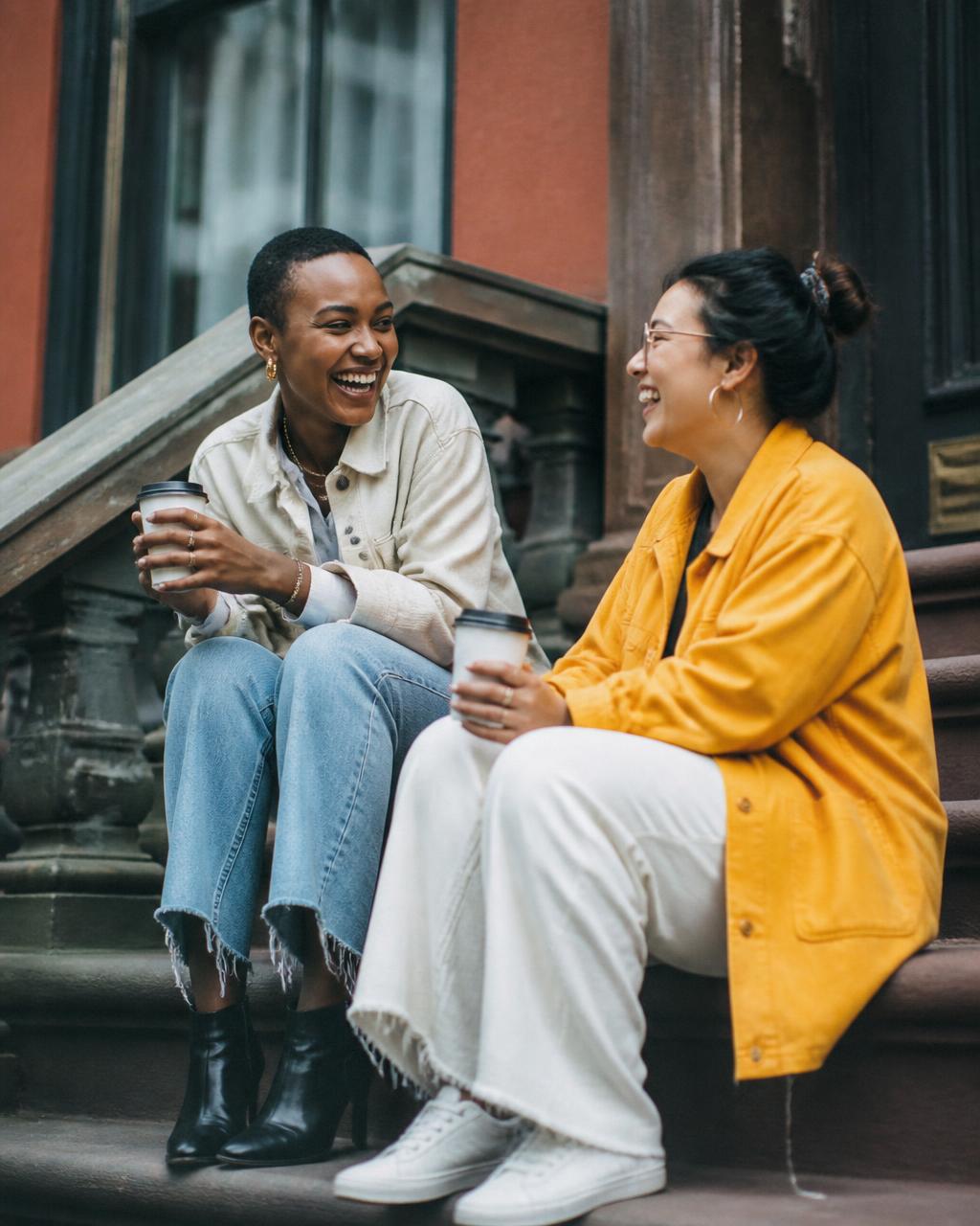 Two friends laughing together on a city stoop with coffee